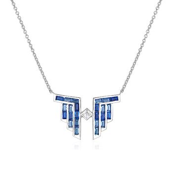Art Deco Kette Silber 925 Halskette Anhänger Zirkonia Baguetteschliff Blau NOBEL SCHMUCK