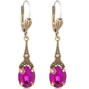 Jugendstil Ohrringe Gold Markenkristalle Fuchsia Pink Ohrhänger NOBEL SCHMUCK